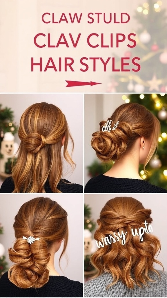 Festive Christmas Hairstyles with Claw Clips Various Christmas hairstyles using claw clips displayed in a festive setting.